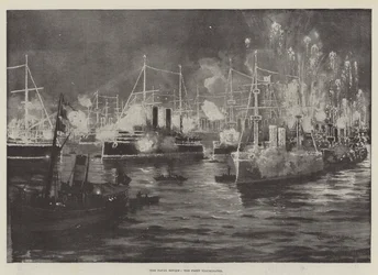 Die Marineparade, die Flotte beleuchtet